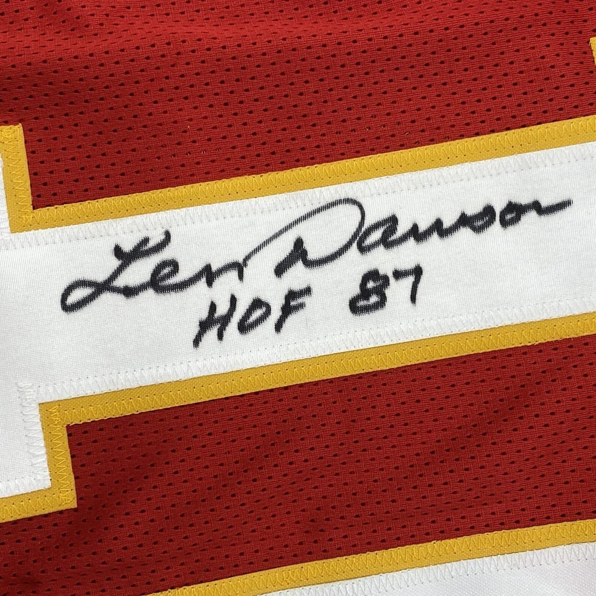 Framed Autographed/Signed Len Dawson 35x39 HOF 87 Kansas City Red Football Jersey JSA COA