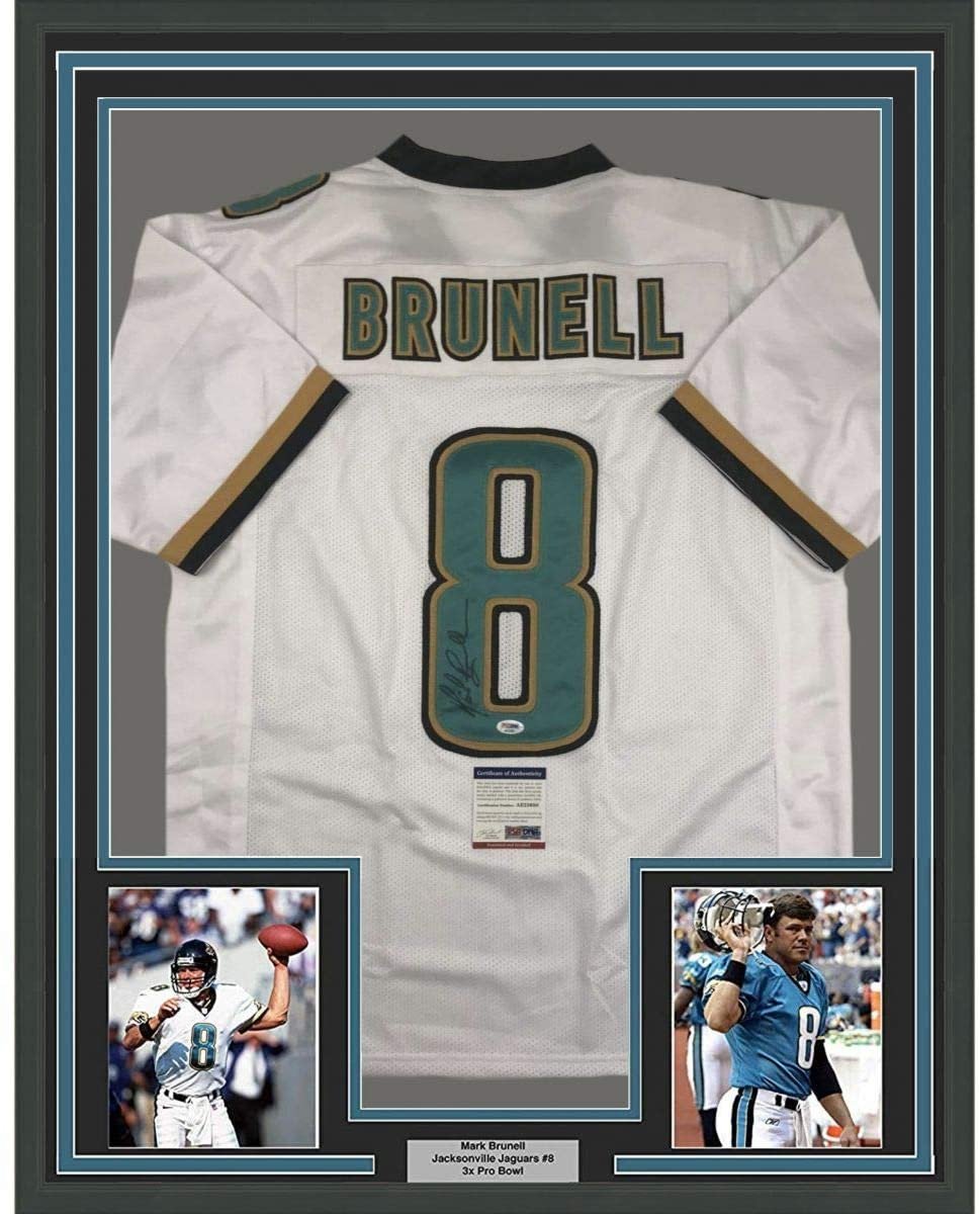 Framed Autographed/Signed Mark Brunell 35x39 Jacksonville White Football Jersey PSA/DNA COA