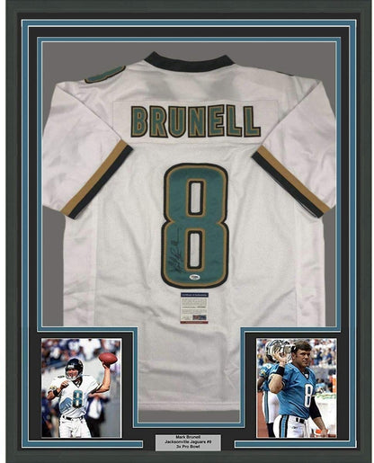 Framed Autographed/Signed Mark Brunell 35x39 Jacksonville White Football Jersey PSA/DNA COA