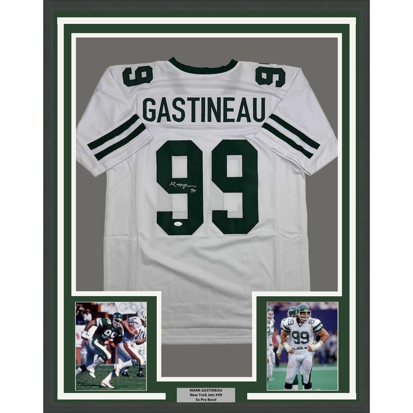 Framed Autographed/Signed Mark Gastineau 35x39 New York White Football Jersey JSA COA