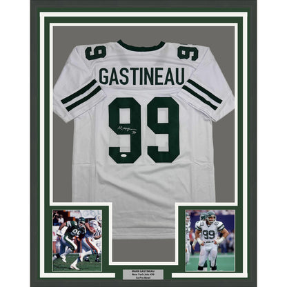 Framed Autographed/Signed Mark Gastineau 35x39 New York White Football Jersey JSA COA