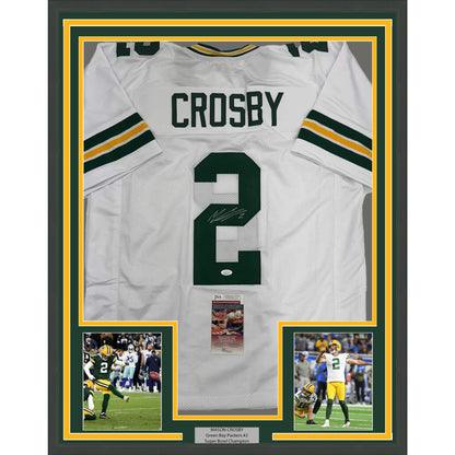 Framed Autographed/Signed Mason Crosby 35x39 Green Bay White Football Jersey JSA COA
