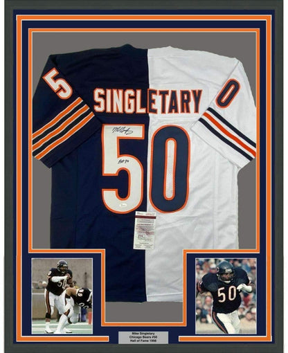Framed Autographed/Signed Mike Singletary HOF 98 35x39 Chicago Splite Football Jersey JSA COA