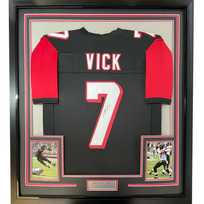 Framed Autographed/Signed Michael Mike Vick 35x39 Atlanta Black Football Jersey PSA/DNA COA
