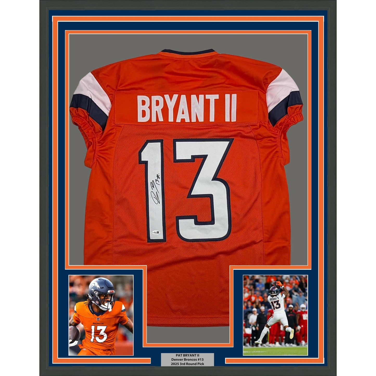 Framed Autographed/Signed Pat Bryant II 35x39 Denver Orange Pro Cut Football Jersey JSA COA