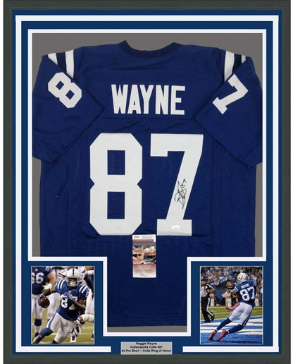 Framed Autographed/Signed Reggie Wayne 35x39 Indianapolis Blue Football Jersey JSA COA