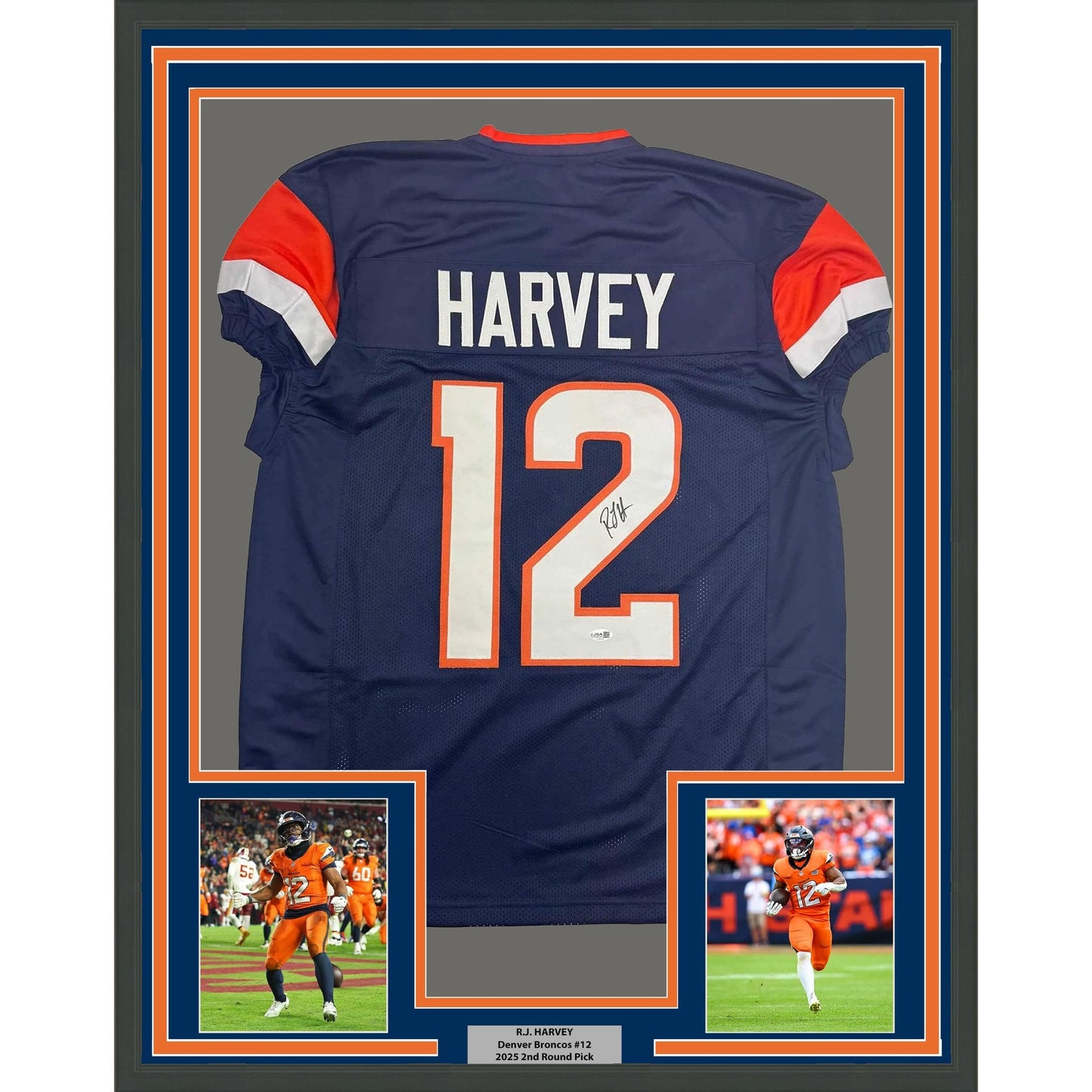 Framed Autographed/Signed R.J RJ Harvey 35x39 Denver Blue Football Jersey JSA COA