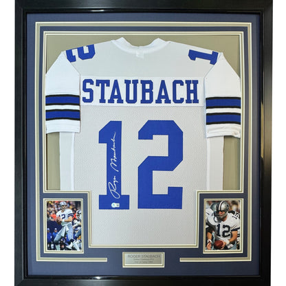 Framed Autographed/Signed Roger Staubach 35x39 Dallas White Football Jersey Beckett BAS COA