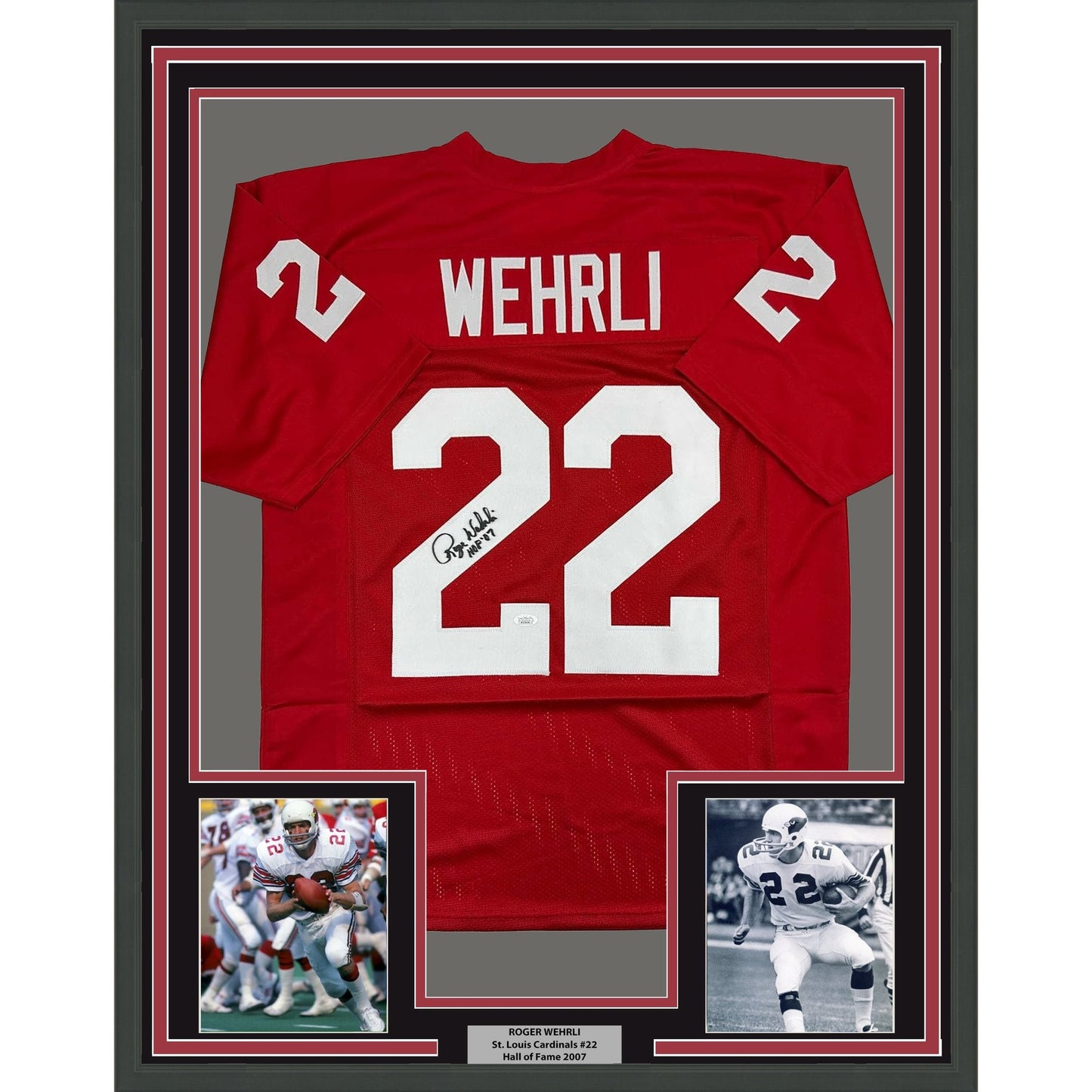 Framed Autographed/Signed Roger Wehrli 35x39 HOF 07 Arizona Red Football Jersey JSA COA