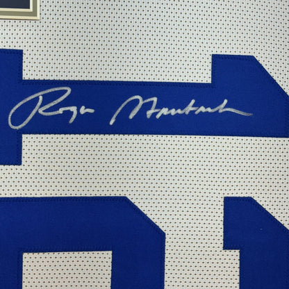 Framed Autographed/Signed Roger Staubach 35x39 Dallas White Football Jersey Beckett BAS COA