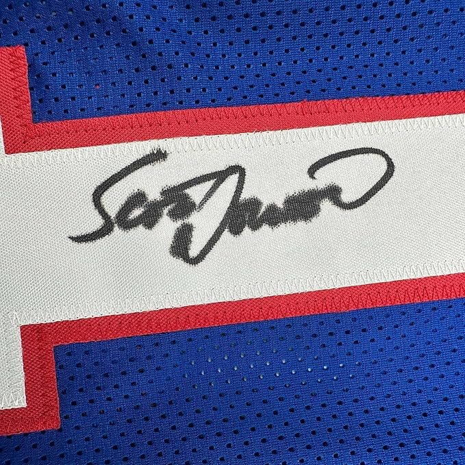 Framed Autographed/Signed Scott Norwood 35x39 Buffalo Blue Football Jersey Beckett BAS COA