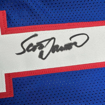 Framed Autographed/Signed Scott Norwood 35x39 Buffalo Blue Football Jersey Beckett BAS COA