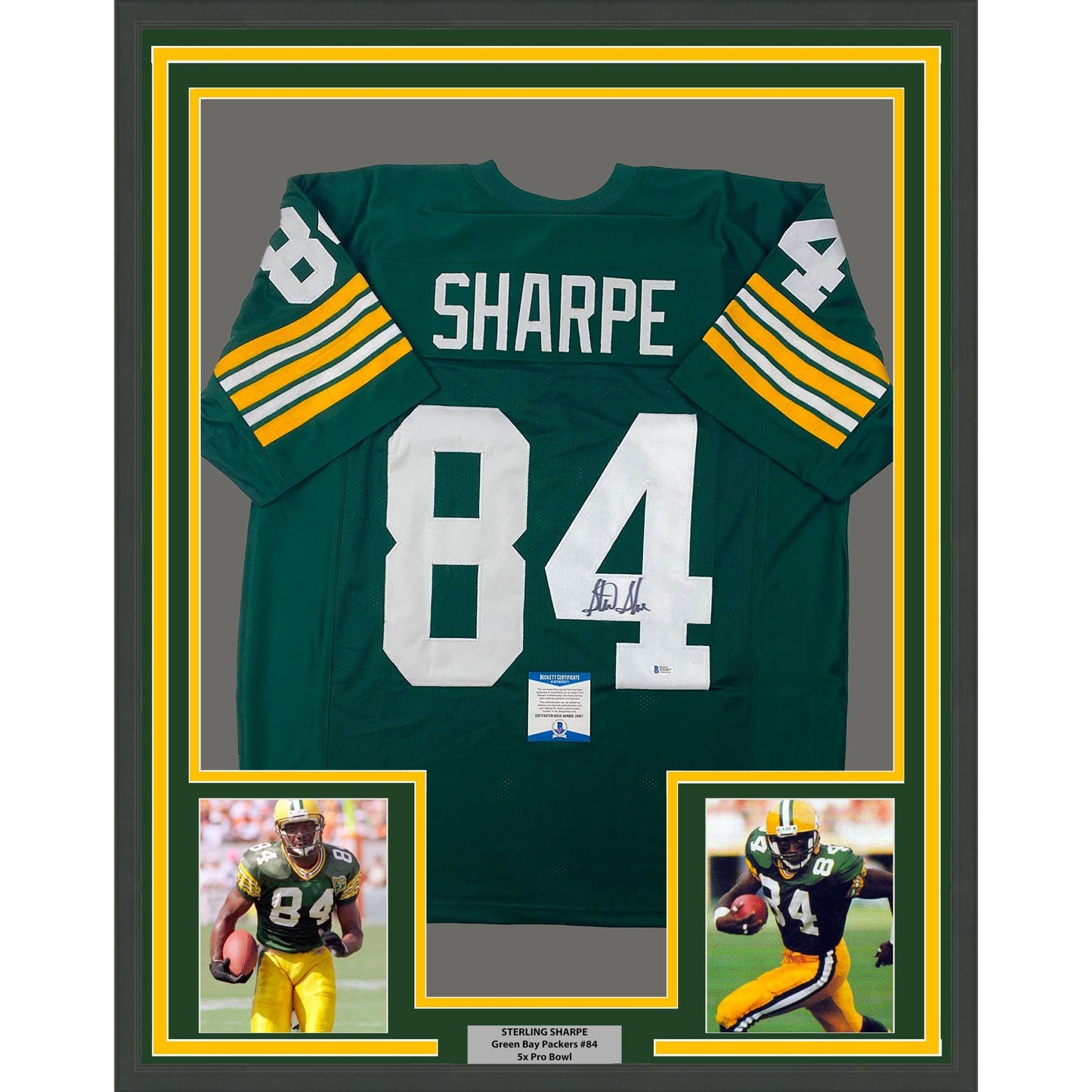 Framed Autographed/Signed Sterling Sharpe 35x39 Green Bay Green Football Jersey Beckett BAS COA