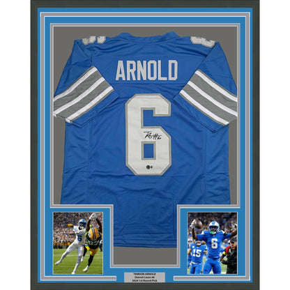 Framed Autographed/Signed Terrion Arnold 35x39 Detroit Blue Football Jersey Beckett BAS COA