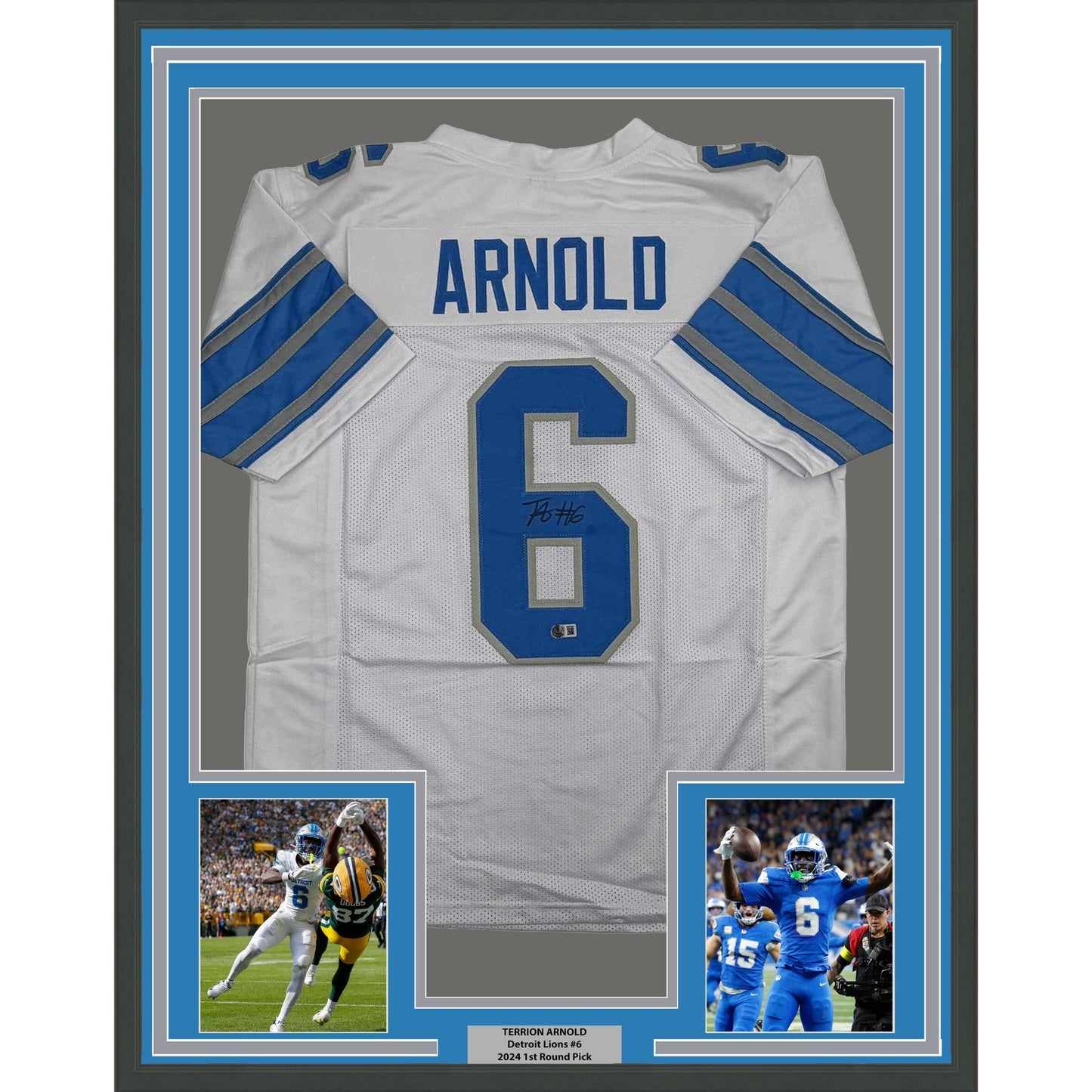 Framed Autographed/Signed Terrion Arnold 35x39 Detroit White Football Jersey Beckett BAS COA