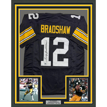 Framed Autographed/Signed Terry Bradshaw 35x39 Pittsburgh Black Football Jersey Beckett BAS COA