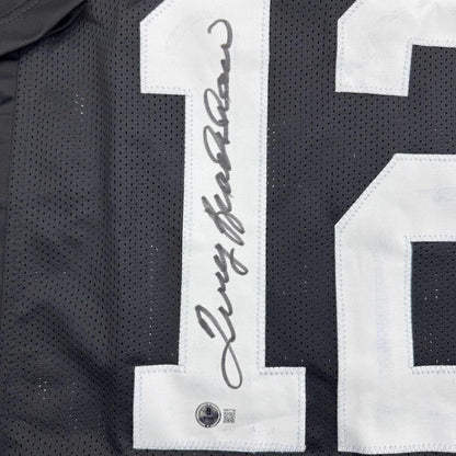 Framed Autographed/Signed Terry Bradshaw 35x39 Pittsburgh Black Football Jersey Beckett BAS COA
