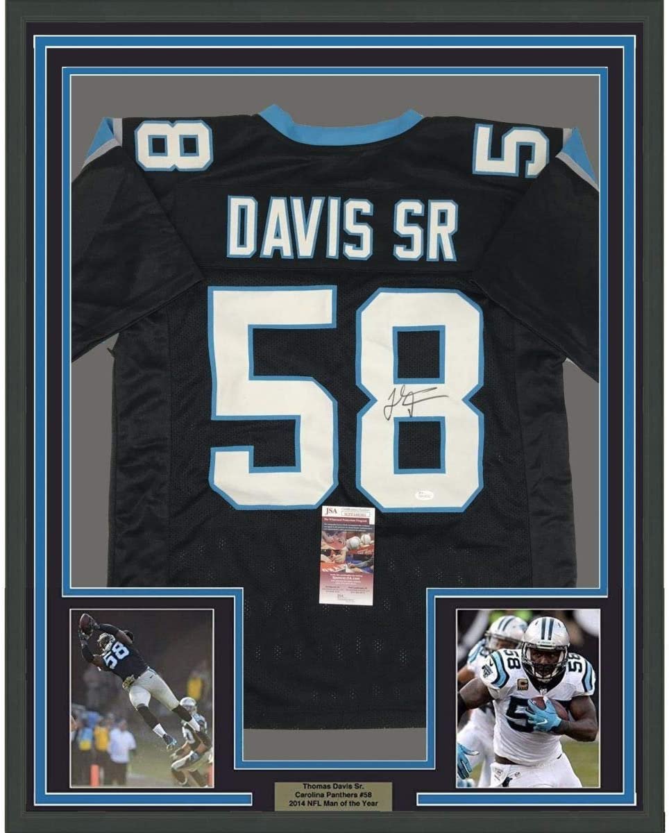 Framed Autographed/Signed Thomas Davis Sr. 35x39 Carolina Black Football Jersey JSA COA