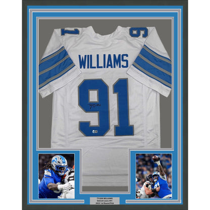 Framed Autographed/Signed Tyleik Williams 35x39 Detroit White Football Jersey Beckett BAS COA