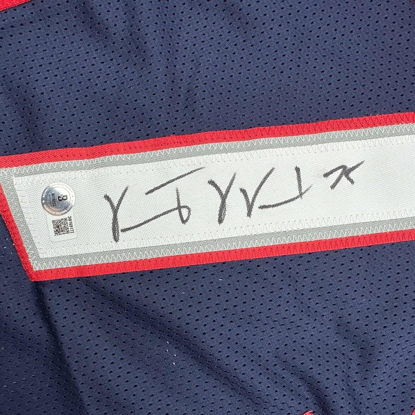 Framed Autographed/Signed Vince Wilfork 35x39 New England Blue Football Jersey Beckett BAS COA