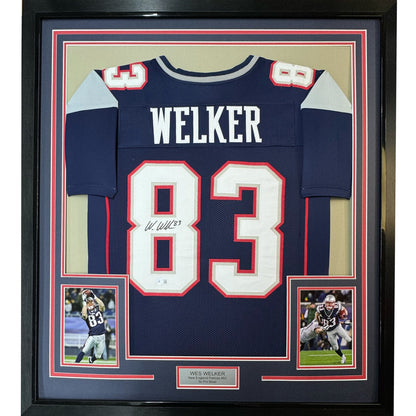 Framed Autographed/Signed Wes Welker 35x39 New England Blue Football Jersey Beckett BAS COA