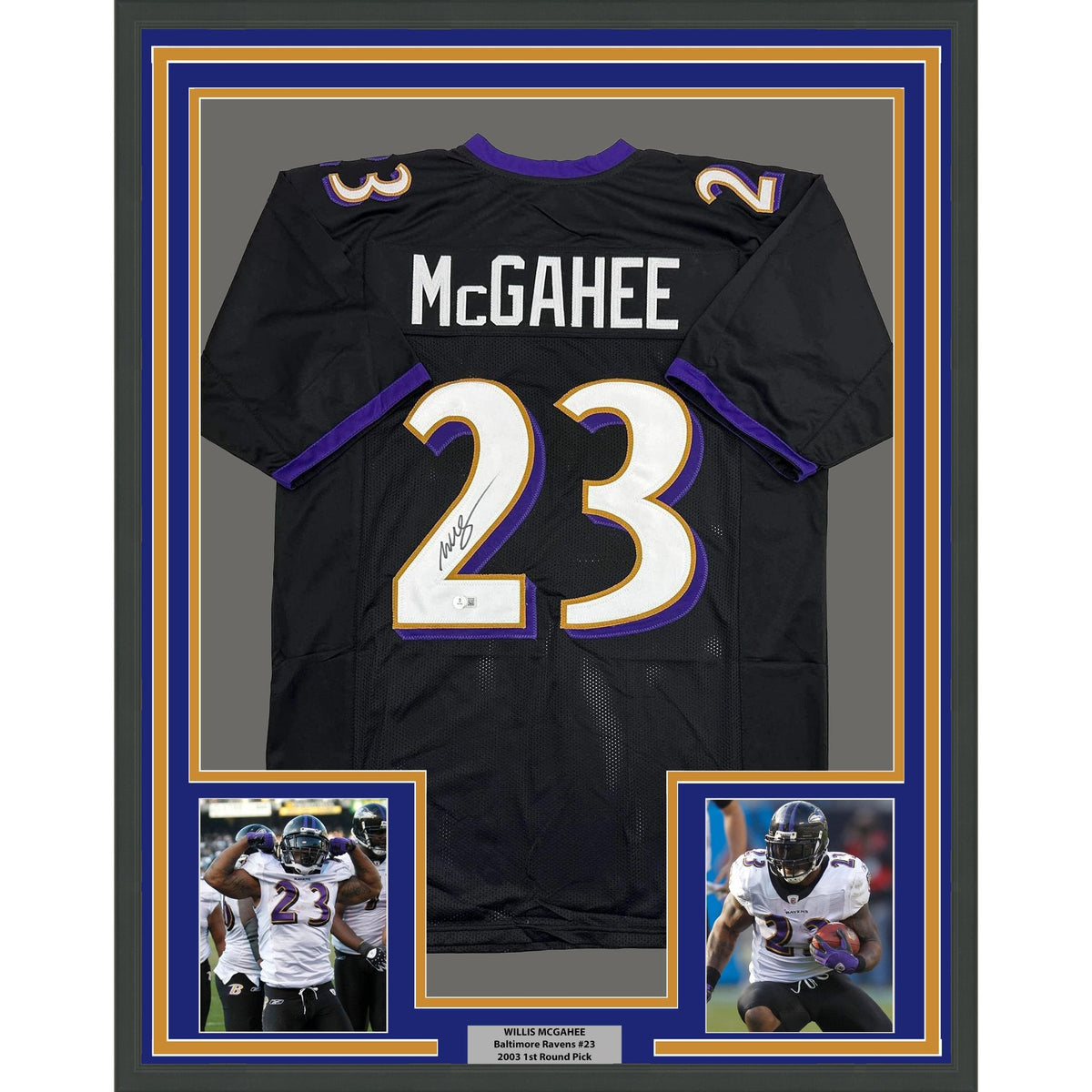 Framed Autographed/Signed Willis McGahee 35x39 Baltimore Black Football Jersey Beckett BAS COA