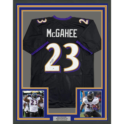 Framed Autographed/Signed Willis McGahee 35x39 Baltimore Black Football Jersey Beckett BAS COA