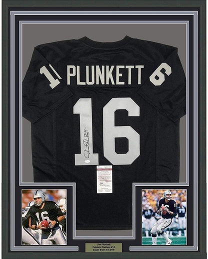 Framed Autographed/Signed Jim Plunkett 35x39 Oakland Black Football Jersey JSA COA