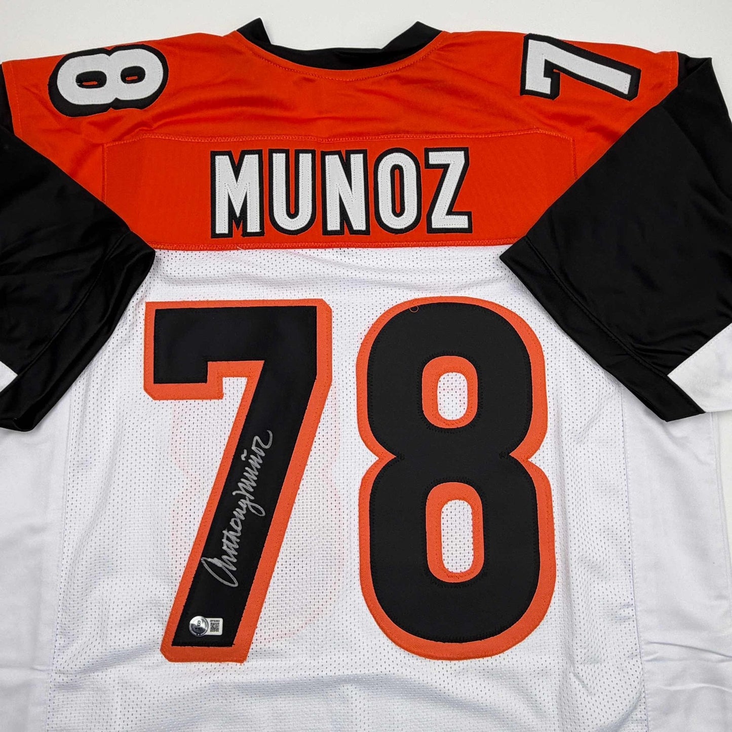 Autographed/Signed Anthony Munoz Cincinnati White Football Jersey Beckett BAS COA