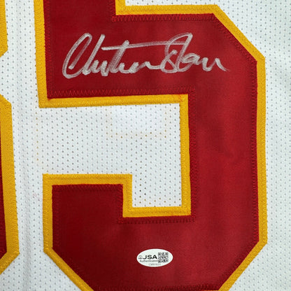 Autographed/Signed Christian Okoye Kansas City White Football Jersey JSA COA
