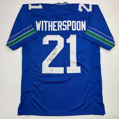 Autographed/Signed Devon Witherspoon Seattle Blue Retro Football Jersey Beckett BAS COA