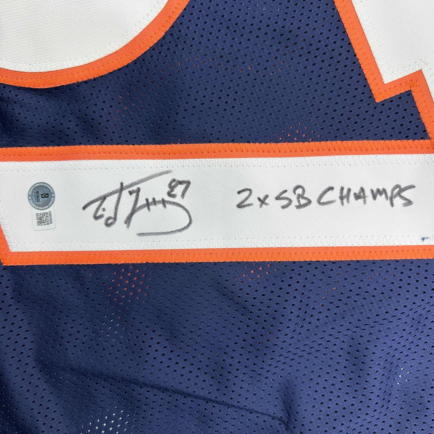 Autographed/Signed Ed McCaffrey 2x SB Champs Denver Blue Football Jersey Beckett BAS COA
