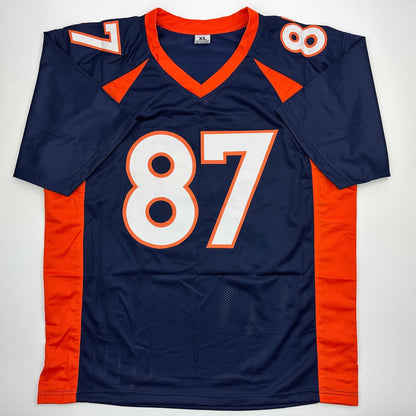 Autographed/Signed Ed McCaffrey 2x SB Champs Denver Blue Football Jersey Beckett BAS COA