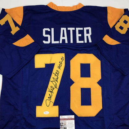 Autographed/Signed Jackie Slater HOF 01 Los Angeles LA Retro Blue Football Jersey JSA COA