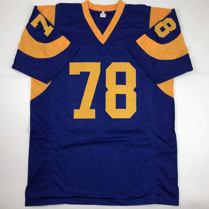 Autographed/Signed Jackie Slater HOF 01 Los Angeles LA Retro Blue Football Jersey JSA COA
