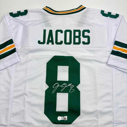 Autographed/Signed Josh Jacobs Green Bay White Football Jersey Beckett BAS COA