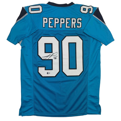 Autographed/Signed Julius Peppers Carolina Blue Football Jersey Beckett BAS COA