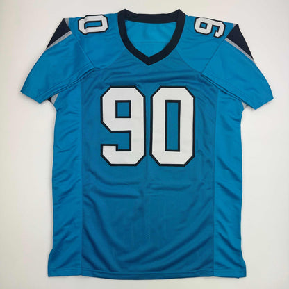 Autographed/Signed Julius Peppers Carolina Blue Football Jersey Beckett BAS COA