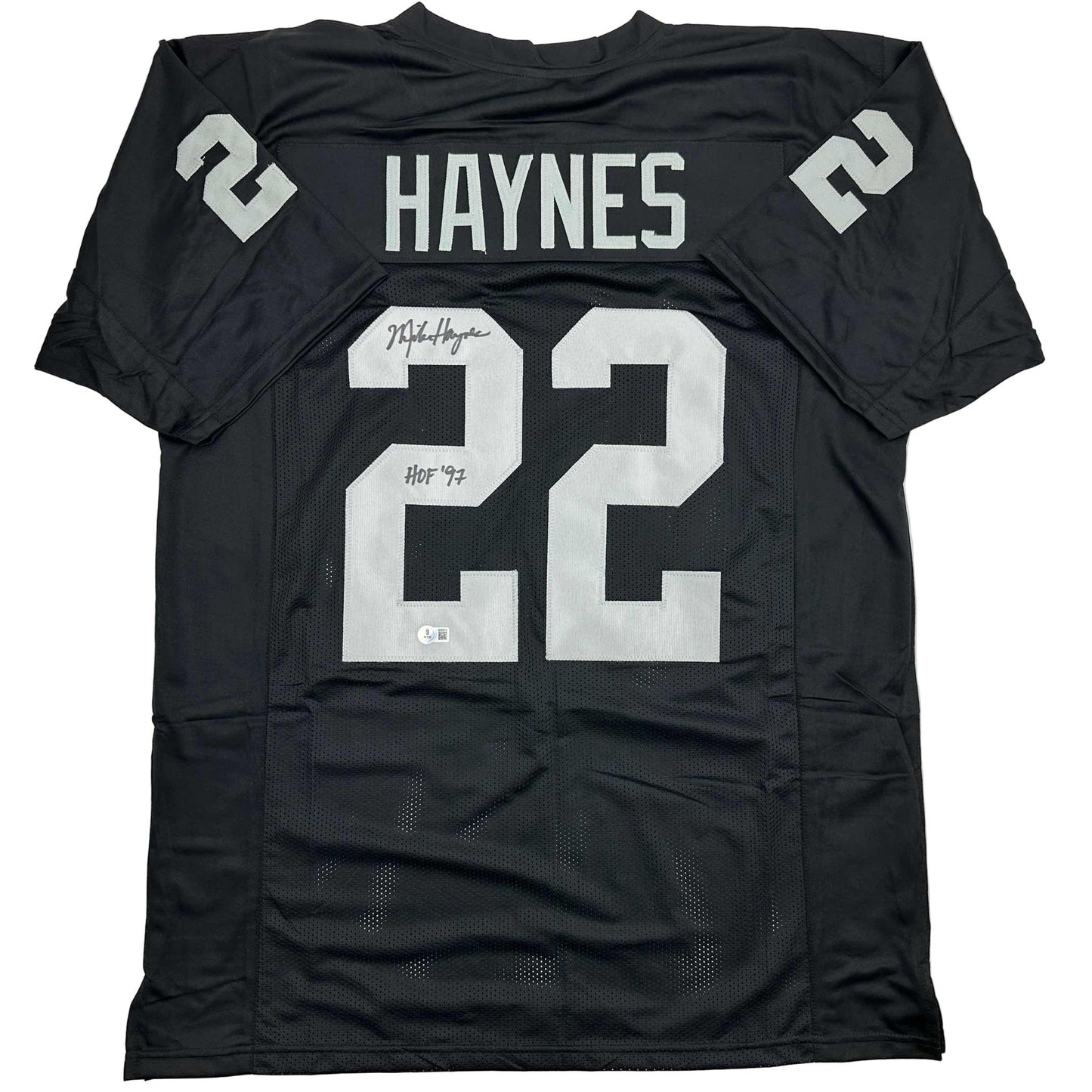 Autographed/Signed Michael Mike Haynes HOF 97 Oakland Black Football Jersey Beckett BAS COA