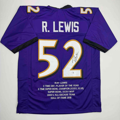 Autographed/Signed Ray Lewis Baltimore Purple Stat Football Jersey Beckett BAS COA