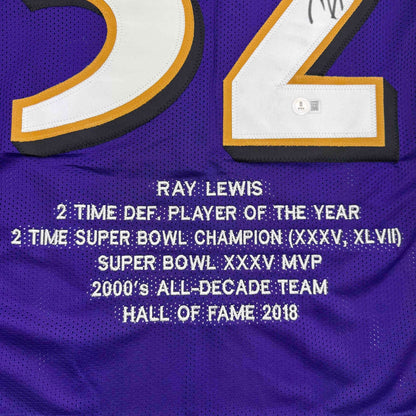 Autographed/Signed Ray Lewis Baltimore Purple Stat Football Jersey Beckett BAS COA