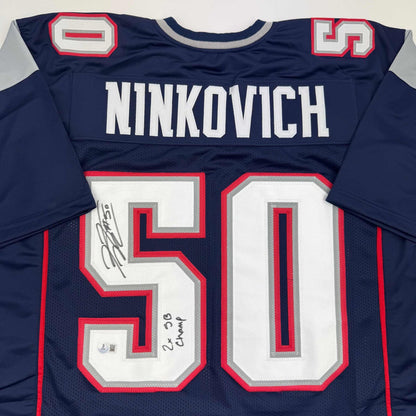 Autographed/Signed Rob Ninkovich "2x SB Champ" New England Blue Football Jersey Beckett BAS COA