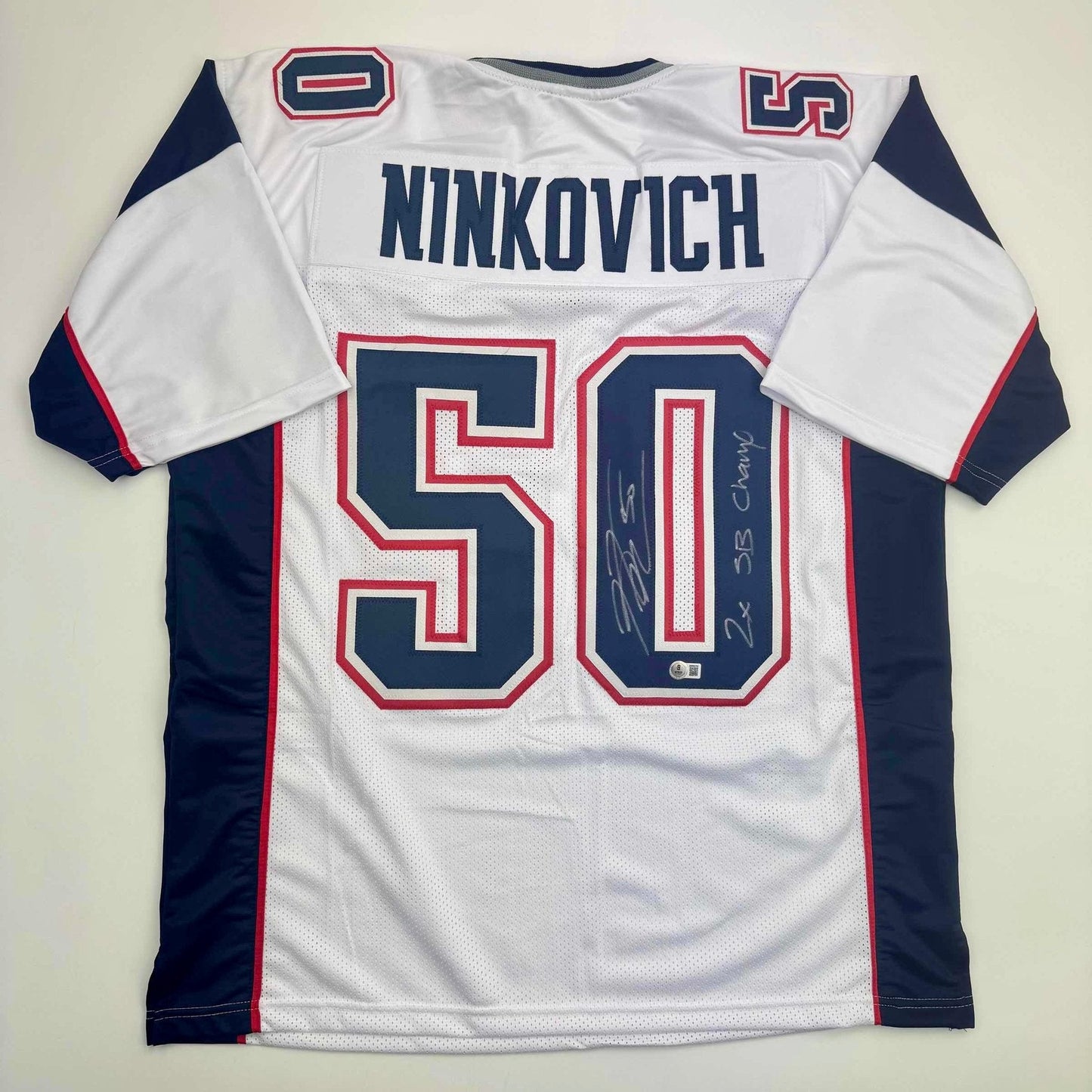 Autographed/Signed Rob Ninkovich "2x SB Champ" New England White Football Jersey Beckett BAS COA