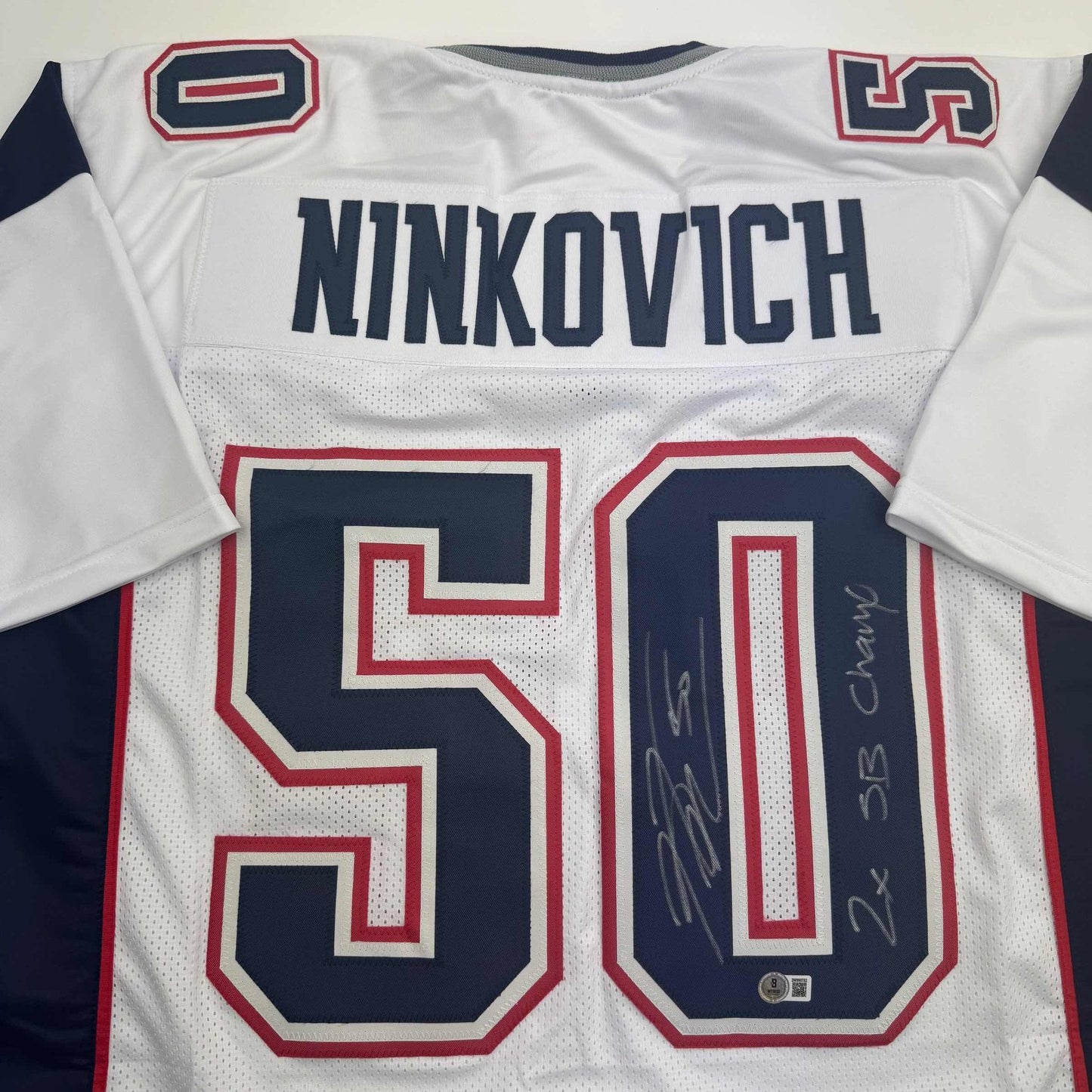 Autographed/Signed Rob Ninkovich "2x SB Champ" New England White Football Jersey Beckett BAS COA