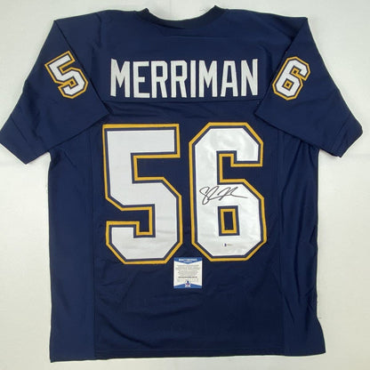 Autographed/Signed Shawne Merriman San Diego Dark Blue Football Jersey Beckett BAS COA