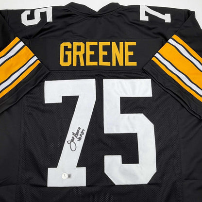 Autographed/Signed Mean Joe Greene HOF 87 Pittsburgh Black Football Jersey Beckett BAS COA