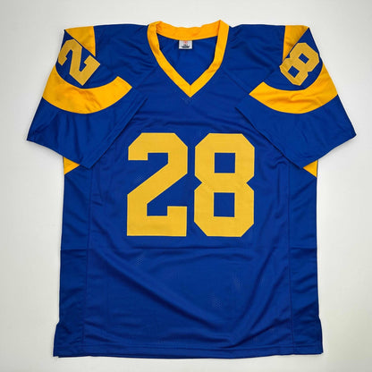 Autographed/Signed Marshall Faulk St. Louis Blue Football Jersey Beckett BAS COA
