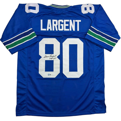 Autographed/Signed Steve Largent HOF 95 Seattle Blue Football Jersey Beckett BAS COA