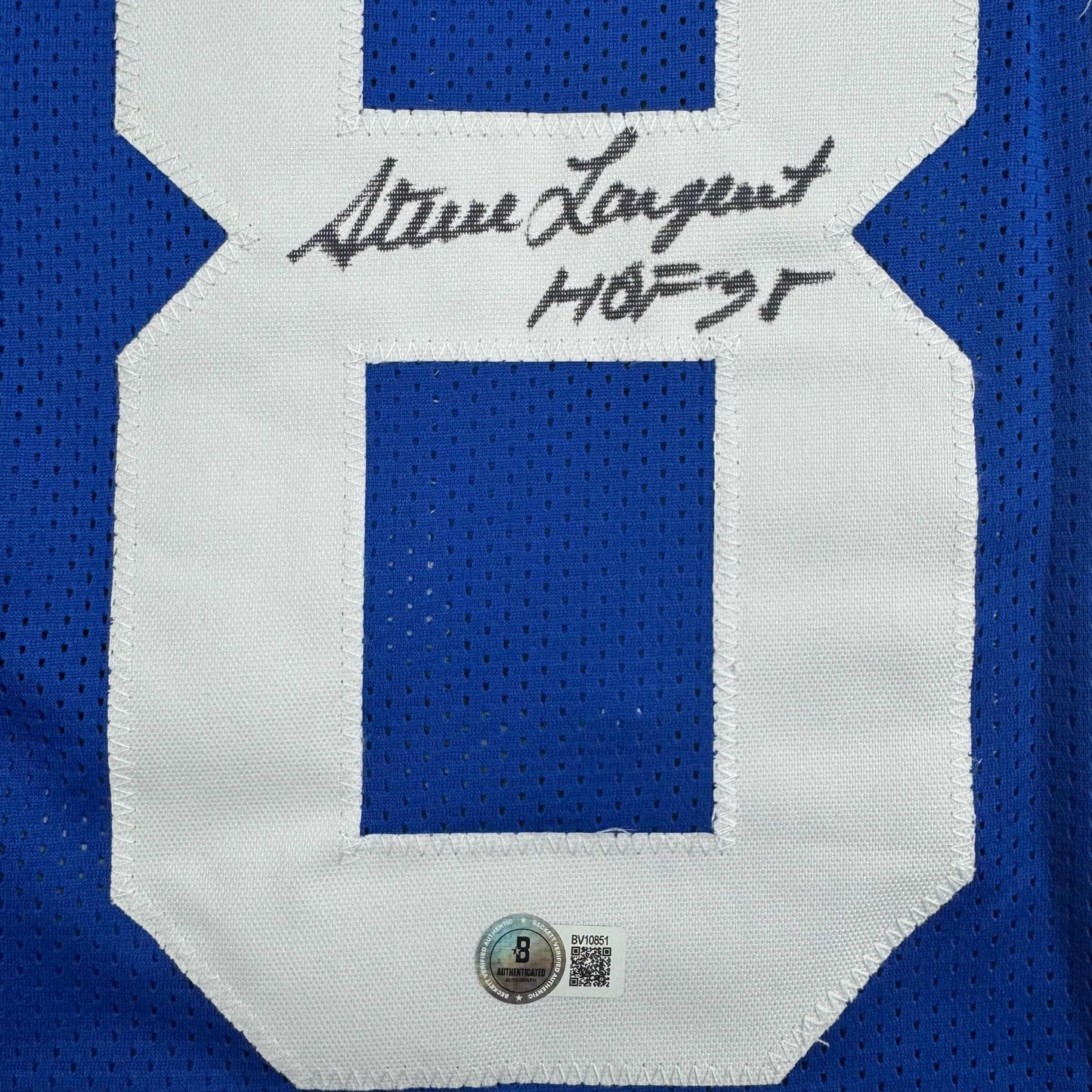 Autographed/Signed Steve Largent HOF 95 Seattle Blue Football Jersey Beckett BAS COA