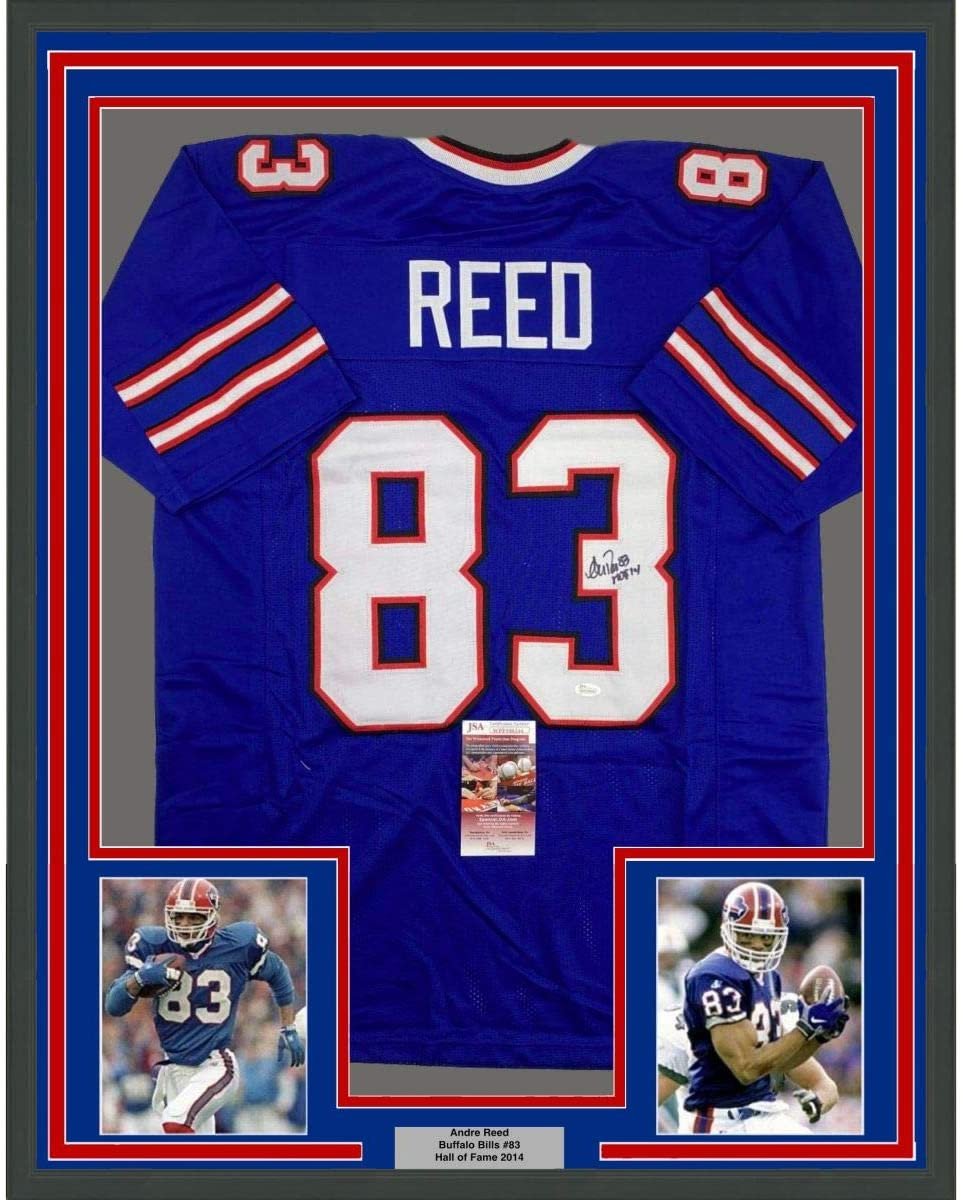 Framed Autographed/Signed Andre Reed HOF 14 35x39 Buffalo Blue Football Jersey JSA COA